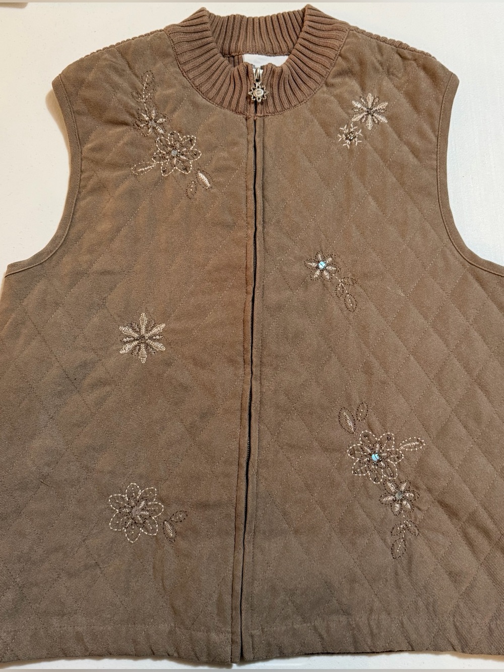 Alfred Dunner Quilted Zip Front Vest with Beaded Floral Embroidery | Size 16